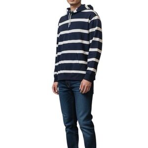 J. Crew Men’s premium weight cotton t-shirt hoodie in navy and white Size L